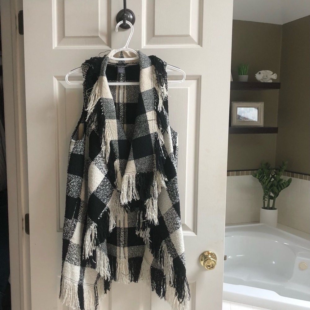 Black and white buffalo plaid vest with fringe